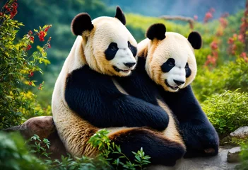 Gordijnen Two giant panda bear cub sitting in a greenery of spring meadow © nskyr2