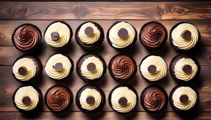 View from above of a variety of white and milk chocolate cupcakes on a wooden surface background