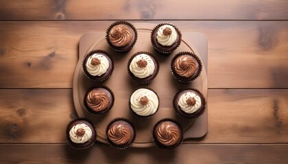 View from above of a variety of chocolate cupcakes on a wood plate on a wooden surface background