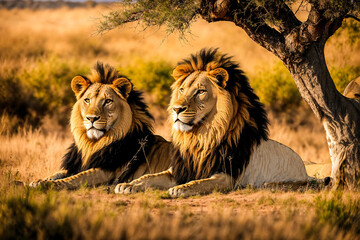 Two lions lies in the African savanna
