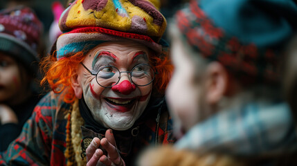 Fototapeta premium Clown interacting with kids during a story telling event at school.
