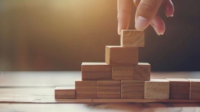 Business Growth Success Achievement Concept, Hand Arranging Wooden Block Stacking As Step Stair Or Ladder For Planning Development Leadership And Customer Target Group Concept