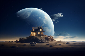 Fototapeta na wymiar house on the Moon with a view of the Earth