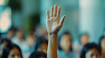 Business Person Raising Hand During Seminar. Hand Up In Conference Asking To Answer A Question In Business Meeting Room And Seminar Class