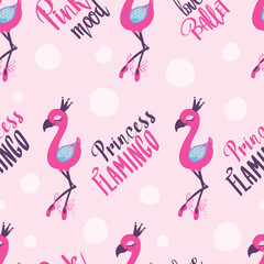 Pink flamingo seamless pattern with calligraphic text composition. love ballet. Feathered background. exotic bird and shabby dots repeated backdrop for girl, fashion clothes, textile,wrapping paper.
