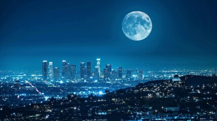 beautiful night view of Los Angeles with starry sky and full moon in high resolution and high...