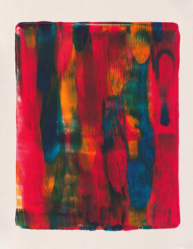 An acrylic mono-print in orange, red and blue