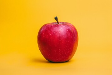 A vibrant red apple rests elegantly atop a luminous yellow surface, creating a striking contrast of colors.