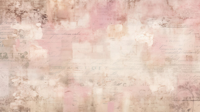 Pink vintage grunge background with faded script and antique paper texture.