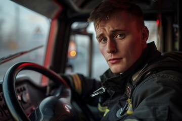 A male firefighter in uniform sits in a fire engine, driving down a street.