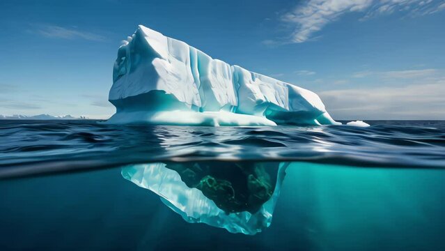 A large iceberg floats on the calm ocean