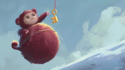 Balancing on a rolling ball, the adorable character reaches for a golden key dangling just out of reach.