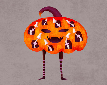 Halloween pumpkin character with magic mushrooms