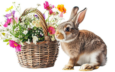 Easter Bunny Holding a Basket Overflowing with Flowers Isolated on Transparent Background PNG.