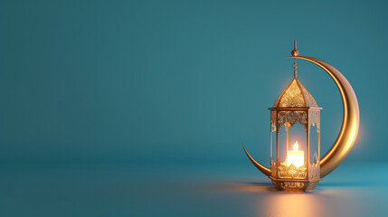 Islamic decoration background with crescent moon and traditional islamic lantern for Ramadan Kareem, Eid ul Fitr | Islamic decoration background with copy space text area, 3D illustration  - obrazy, fototapety, plakaty