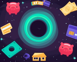 Financial Planning Concept: A Black Hole Surrounded by Symbols of Economy and Savings in a Vibrant Illustration