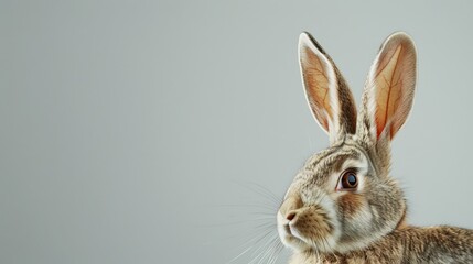 Obraz premium Close-up of a rabbit on a gray background with copy space.Easter holiday concept.