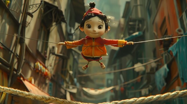 Balancing on a giant prop, the cute character pretends to be a tightrope walker, arms outstretched for balance.