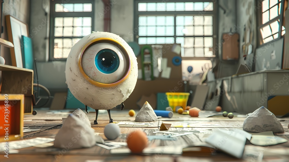 Poster an animated 3d character, full of wonder and curiosity, with large expressive eyes, exploring an emp