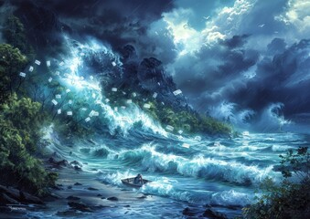 Obraz premium Stormy Seas of Financial Turbulence: A Boat Struggling Against the Overpowering Waves of Economic Hardship