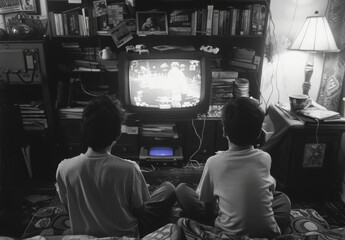 Two boys play video games in 1990. - obrazy, fototapety, plakaty