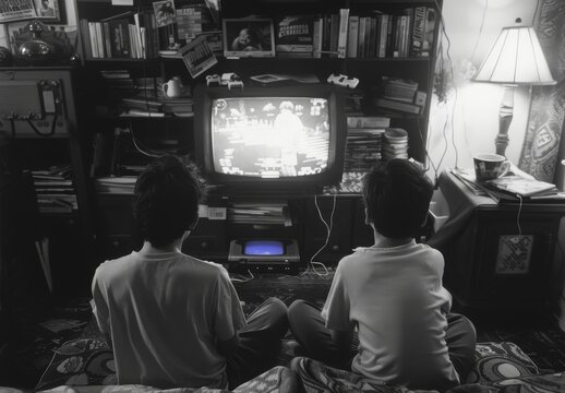 Two boys play video games in 1990.