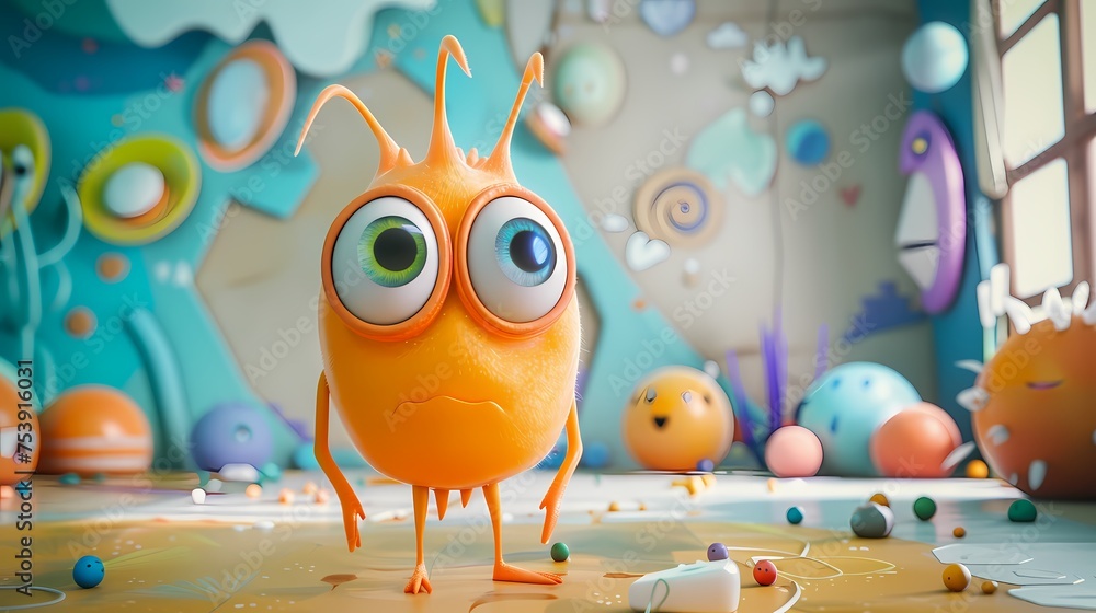 Poster an animated 3d character, full of wonder and curiosity, with large expressive eyes, exploring an emp
