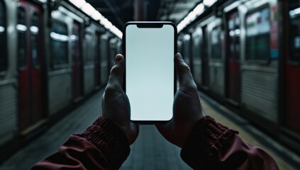 Close up of a man holding an phone with a white screen in his hands against a subway background Generative AI