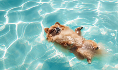 Summer Bliss: Cheerful Dog Floating Leisurely in a Sparkling Pool - obrazy, fototapety, plakaty