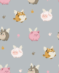 Funny animals with wings, cute cartoon pattern, animals illustration