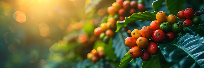 Red cherry coffee beans organic 100% of coffee plant,
Frutos de café maduros en una rama en la selva tropical bajo la lluvia - obrazy, fototapety, plakaty