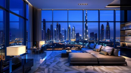Beautiful view from a luxury apartment in Dubai at night in high resolution and high quality. city ​​concept - obrazy, fototapety, plakaty