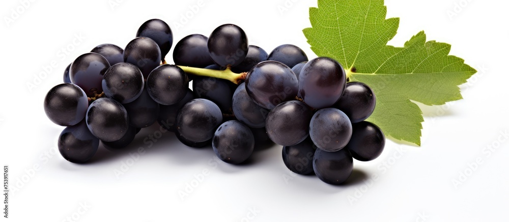 Poster a cluster of rich black grapes is displayed next to a vibrant green leaf, creating a visually appeal