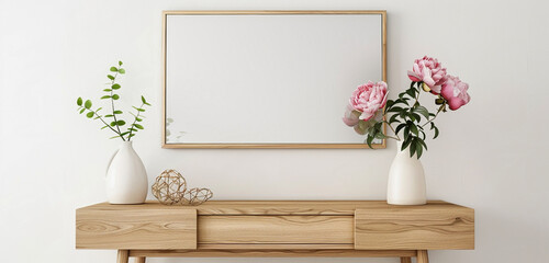 pink flowers with empty frame mockup and vase
