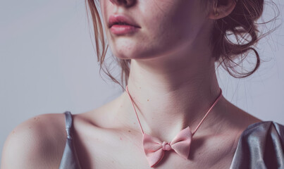 elegant woman with pink bow necklace on light background