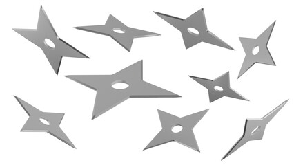 Silver ninja throwing stars or shurikens isolated on transparent and white background. Ninja concept. 3D render
