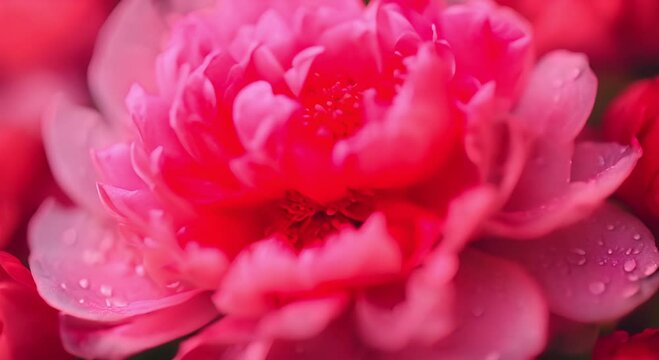 Close-Up of Smooth Coral Red Petals of Peony Flowers: Floral Wallpaper with Macro Photography, Soft Focus, and Water Droplets
