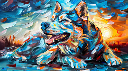 Horizontal oil painting of a Siberian Husky. Generative AI