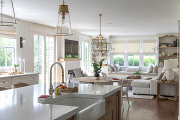 White bright Home kitchen island with modern home decor 