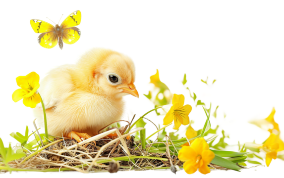 Joyful Chick Sharing Easter Joy with a Playful Butterfly Isolated on Transparent Background PNG.