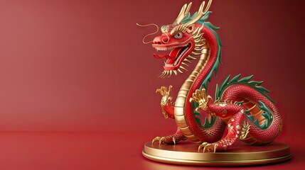 Obraz premium Dragon 3D Chinese 2024 Year Gold New Lunar Cny Podium Happy Background Red Golden. Chinese Dragon 3D Banner China Festive Illustration Invitation Money Party Green Japanese Render Celebration Blue