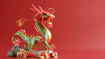 Dragon 3D Chinese 2024 Year Gold New Lunar Cny Podium Happy Background Red Golden. Chinese Dragon 3D Banner China Festive Illustration Invitation Money Party Green Japanese Render Celebration Blue
