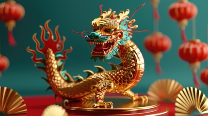 Fototapeta premium Dragon 3D Chinese 2024 Year Gold New Lunar Cny Podium Happy Background Red Golden. Chinese Dragon 3D Banner China Festive Illustration Invitation Money Party Green Japanese Render Celebration Blue