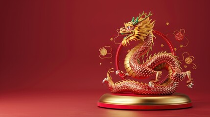 Obraz premium Dragon 3D Chinese 2024 Year Gold New Lunar Cny Podium Happy Background Red Golden. Chinese Dragon 3D Banner China Festive Illustration Invitation Money Party Green Japanese Render Celebration Blue