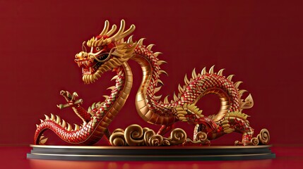 Fototapeta premium Dragon 3D Chinese 2024 Year Gold New Lunar Cny Podium Happy Background Red Golden. Chinese Dragon 3D Banner China Festive Illustration Invitation Money Party Green Japanese Render Celebration Blue
