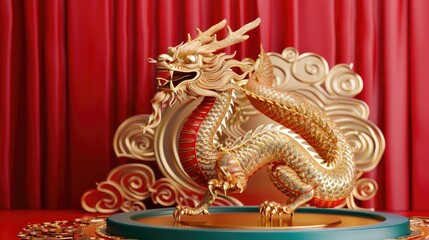 Fototapeta premium Dragon 3D Chinese 2024 Year Gold New Lunar Cny Podium Happy Background Red Golden. Chinese Dragon 3D Banner China Festive Illustration Invitation Money Party Green Japanese Render Celebration Blue