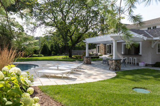Residential luxury Home outdoor terrace and swimming pool pergola