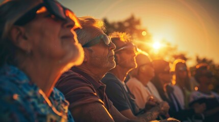group of people gathered with glasses watching a solar eclipse in high resolution - obrazy, fototapety, plakaty
