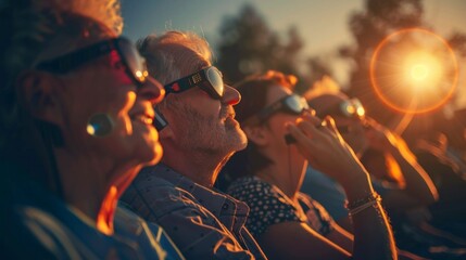 group of people gathered with glasses watching a solar eclipse in high resolution and high quality. eclipse concept