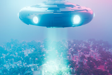 a flying saucer casting light over a city